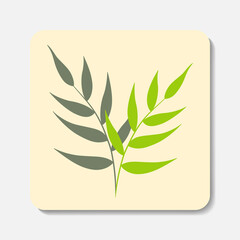 Fototapeta na wymiar Palm leaves flat icon. Stylized green branches with leaves on beige background. Best for web, print, logo creating and branding design.