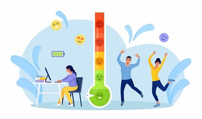 Thermometer as stress level scale emotions, mood. Energetic business woman working at table with computer. Fully charged active mentally healthy employee. Productivity, motivation, enthusiasm