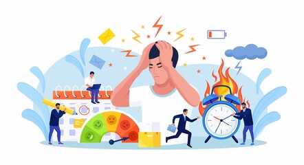 Fototapeta premium Businessman clutched his head in panic. People feeling stress at work. Exhausted, frustrated, stressing worker, burnout. Employee working overtime at Deadline. Alarm in fire, burning clock
