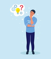 Smart man thinking or solving problem. Pensive guy with thought bubbles, question marks, light bulb. Man is confusing