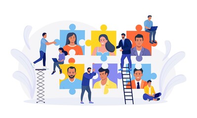 Tiny people connecting puzzle pieces, build team, hiring employees. Business company is looking for employee. Teamwork and collaboration. Open vacancy, partnership