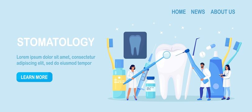 Dentists cleaning and treating big unhealthy tooth with caries cavity. Toothache. Stomatology, Dentistry concept. Doctors with professional instruments for check up and treatment. Dentist appointment