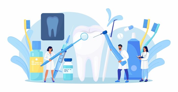 Dentists cleaning and treating big unhealthy tooth with caries cavity. Toothache. Stomatology, Dentistry concept. Doctors with professional instruments for check up and treatment. Dentist appointment