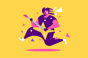 Unique Man Jumping While Playing Guitar Vector Illustration