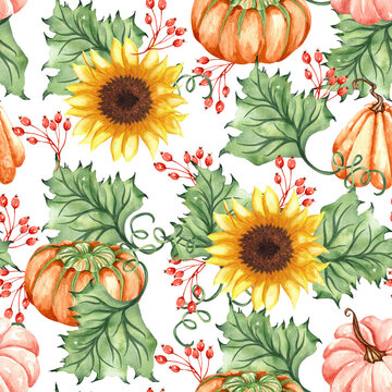 Watercolor sunflowers and pumpkin seamless pattern. Hand-painted pumpkin ornament with flower, leaves, and branch isolated on white background. Halloween