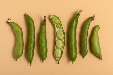 Broad beans in the pod on a beige background. Top view.