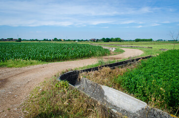 Un tratto della Via Postumia, cammino che parte da Aquileia e arriva a Genova, attraversa la campagna lombarda seguendo il corso di un canale d'irrigazione asciutto