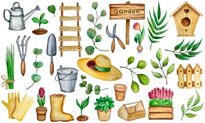 Watercolor set of gardening tools and plants