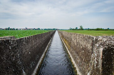 Fototapeta premium Un canale d'irrigazione nella campagna mantovana lungo la Via Postumia, cammino che parte da Aquileia e arriva a Genova