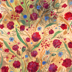 Floral seamless pattern hand drawn with gouache