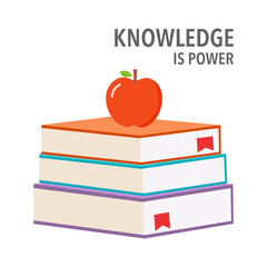 Knowledge is power concept vector illustration on white background. Apple on stack on books in flat design.