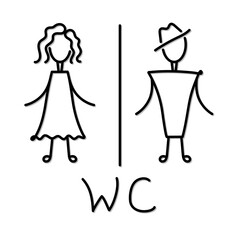 WC sign. Funny Men/ Women washroom door plate symbol. Gents and ladies WC sign for restroom. Vector line graphics. Bathroom sign.