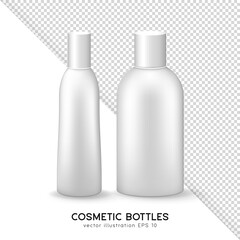 Mock up of closed cosmetic or medicine plastic bottles with lid. Big and small 3D white containers for shampoo, gel, bath foam, spray, moisturizer, lotion, cream, etc. Blank skincare product template