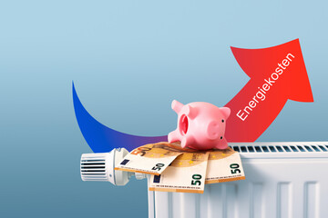 gas price rise,, graphic arrow, piggy bank with money notes on radiator