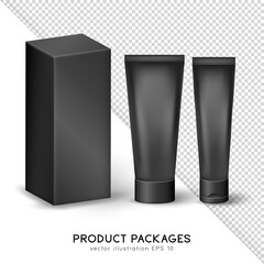 Black matte packages with cosmetic products template for your design.  Set of two cream tubes and carton box. Vector mockup of long rectangular container with skincare items. 
