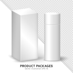 Mockup with two realistic white matte containers for product presentation. Rectangular and cylindrical packages. 3D blank paper box and cylinder tube template for your design. 