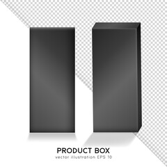 Front and perspective view of rectangular cosmetic or medical boxes. Mockup of empty matte black product boxes. Isolated realistic tall plastic or paper packages. 3D vector containers, shipping cases
