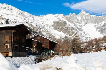 Scenic view of hamlet Bodmen near Bellwald in Valais Alps at sunny winter day, Switzerland