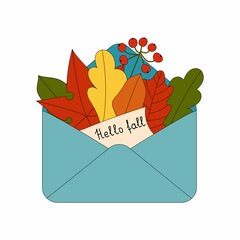 Hello fall. postal envelope with autumn leaves. Vector illustration