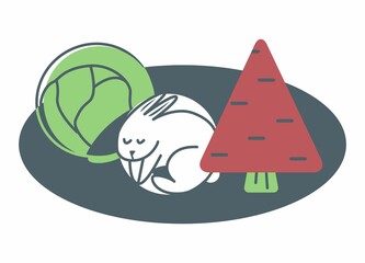 A rabbit sleeping in cabbage and carrot beds. Stylization of animals and plants with simple shapes. Children's illustration for textiles and packaging. Set of vegetables for vegetarian dishes.