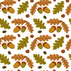 Seamless pattern with acorns and autumn oak leaves. Perfect for wallpaper, gift paper, pattern fills, web page background, autumn greeting cards.