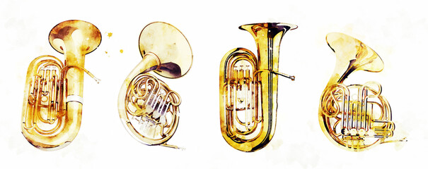 Watercolor illustration set of stylized music instruments. Aged tuba and French horn isolated on white background.