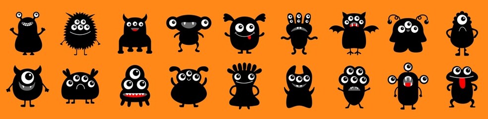 Happy Halloween. Monster icon big set line. Black silhouette. Cute kawaii cartoon funny baby character. Sticker print template.. Eyes, horn, fang teeth tongue. Flat design. Orange background.
