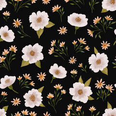 Floral seamless pattern. Painted flowers with leaves on black background.
