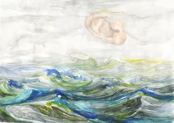 Fototapeten watercolor painting. sound of the sea. ear and sea. fantasy  illustration.  © Anna Ismagilova