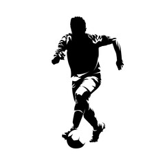 Fototapeta na wymiar Soccer player running with ball, front view, isolated vector silhouette, ink drawing