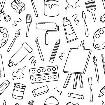Hand drawn seamless pattern of artist tools doodle. Art supplies in sketch style. Easel, brushes, paint, pencils. Vector illustration