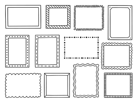 Hand drawn set of frames doodle. Square and rectangular.Borders in sketch style. Vector illustration isolated on white background.
