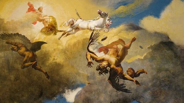 The sun or the fall of Icarus, ceiling painting in the Louvre, artist Merry-Joseph Blondel 1819. Animation. art history. animated picture art