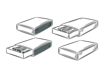 Set of matchboxes for matches. Black line in sketch style. Isolated vector illustration.