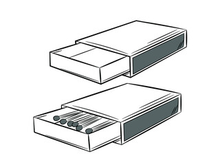 Set of matchboxes for matches. Black line in sketch style. Isolated vector illustration.