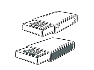Set of matchboxes for matches. Black line in sketch style. Isolated vector illustration.