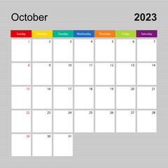 Calendar page for October 2023, wall planner with colorful design. Week starts on Sunday.