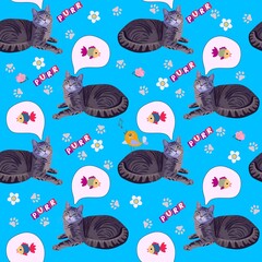 Fototapeta premium Seamless pattern with cute cartoon cats thinking about fish, 