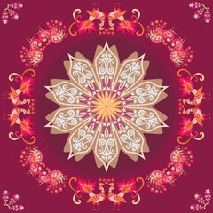 Harmonious composition with large mandala, paisley patterns and fabulous birds on purple background. Beautiful print for tablecloth, cushion, blanket, shawl, square floor carpet. Ethnic style.