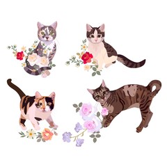 Kittens with bouquets of flowers isolated on white background in vector. Collection of prints for t-shirts, dishes, napkins.