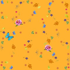 Elegant ornament with fluttering butterflies, petals, flowers, leaves, berries, dry inflorescences on a glowing orange background in vector. Seamless print for fabric.