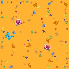 Elegant ornament with fluttering butterflies, petals, flowers, leaves, berries, dry inflorescences on a glowing orange background in vector. Seamless print for fabric.
