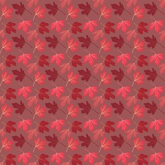 Burgundy and pink autumn leaves of golden currant on a soft brown background in the color of cocoa with milk in vector. Seamless print for fabric.