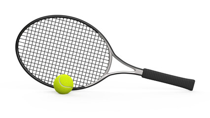 a tennis racket with a ball, isolated on a white background - a black and gray tennis racket with a yellow ball