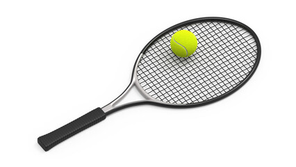 a tennis racket with a ball, isolated on a white background - a black and gray tennis racket with a yellow ball