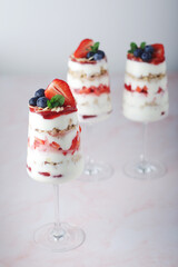 Strawberry milk yogurt desert in glasses