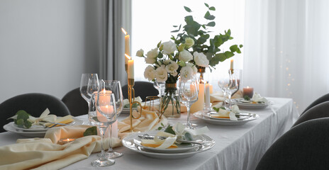 Festive table setting with beautiful floral decor in restaurant. Banner design