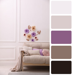 Color palette and photo of stylish living room interior with floral decor. Collage