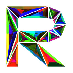 Letter R made of colored triangular crystals, isolated on white, 3d rendering