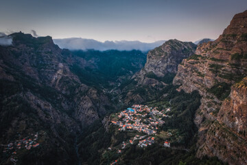 Curral das Freiras - Beautiful view of mountain range and little village in Madeira Island, Portugal. October 2021